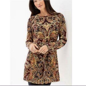 J Jill Soft Boat Neck Tunic Blouse‎ Women Large Orange Black Paisley Long Sleeve